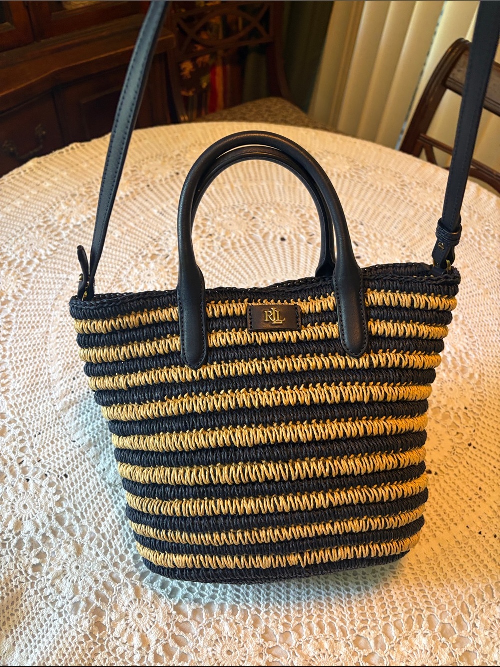 Ralph Lauren Black and Gold Striped Straw Tote